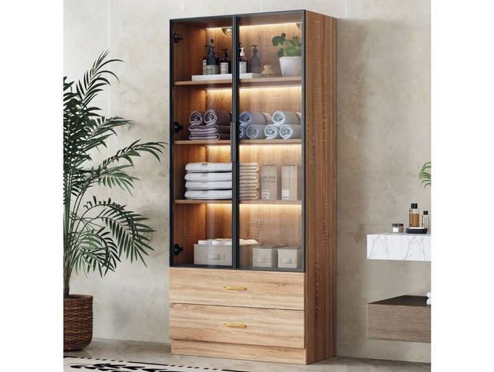 WOVREO Colonne de salle de bain 75 cm avec éclairage 2 portes vitrées 2 tiroirs MDF marron