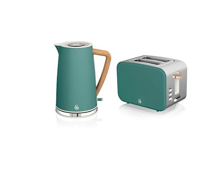 Swan Nordic Set Frühstückskocher, kabellos, 1,7 l, 2200 W, Toaster Breitschlitz, 2 Scheiben, 3 Funktionen, modernes Design, Holzoptik, Grün