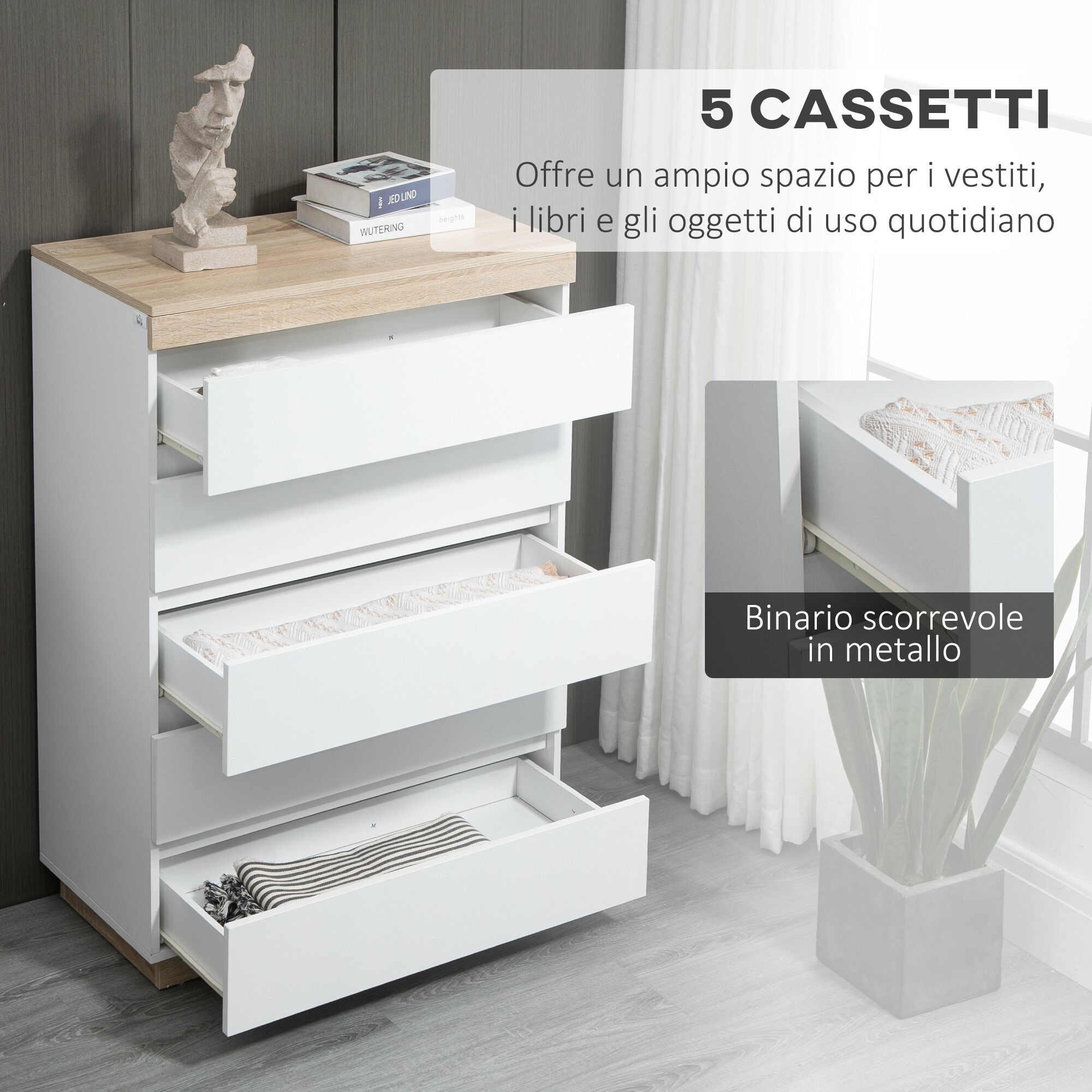 Altro Cassettiera 5 Cassetti Minimal In Legno, 80x40x109 Cm, Bianco E Color Rovere