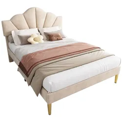 OKWISH Luxuriöses Polsterbett 90x200 mit verstellbarem Kopfteil, goldenen Eisenbeinen und stabilem Massivholz-Rahmen für eleganten Schlafkomfort Beige