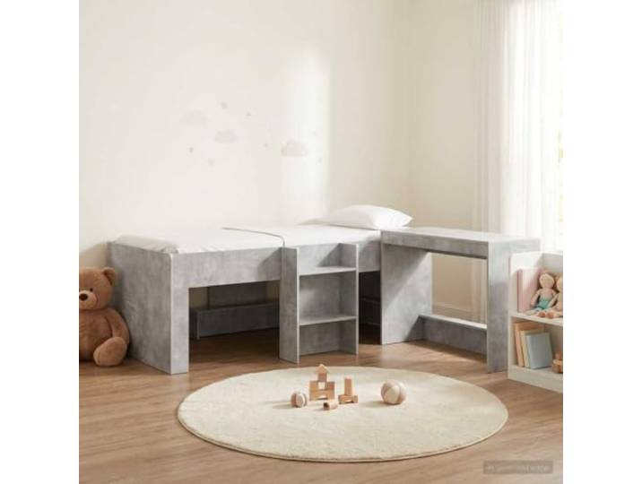 RJPLMFV Hochbett für Kinder, Schreibtisch, integriert, 2-teilig, Betongrau Holz, Lattenrost, modernes Design, einfache Montage
