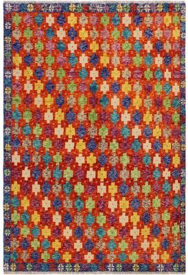 Treasured Knots Shabby Chic Balochi Medina Orange/Blue Hand Knotted Wool Rug - 4'10'' x 6'7''