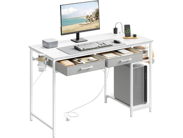 Woltu – Bureau Gamer 120x51x75 Cm Avec 2 Tiroirs Et 2 Étagères – Prises Usb Et Type-c Intégrées – Crochet Pour Écouteurs Et Porte-gobelet – Bois D'Ingénierie Blanc