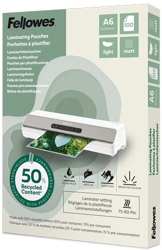 Fellowes Recycled Laminating Pouches 80 Micron (Pack of 100) - A6 Matt