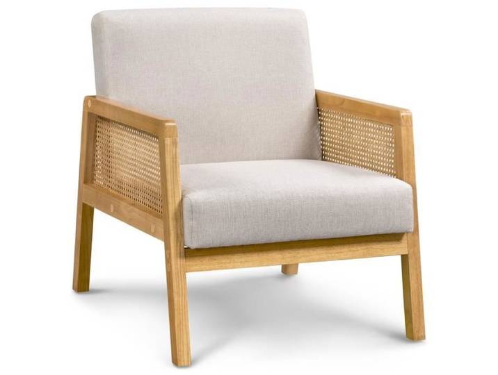 Yaheetech Fauteuil de Salon en Bois Design Rotin Massif et en Tissu Fauteuil Relax avec Coussins Rembourrés Beige