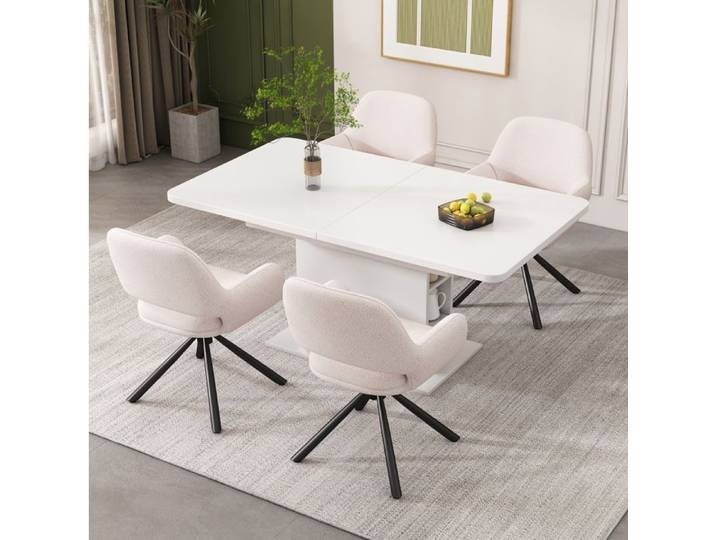 MEUBLIV Ensemble table extensible rectangulaire blanche avec rangement et 4 chaises en tissu sherpa