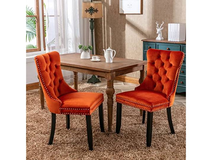 Bellemave Moderne Esszimmerstühle 2er Set, Samtstoff, Polsterstuhl, Orange Esszimmerstühle Holz, mit massiven Holzbeinen, edler Knopfnagel-Polsterung, Nagelkopf-Verzierung