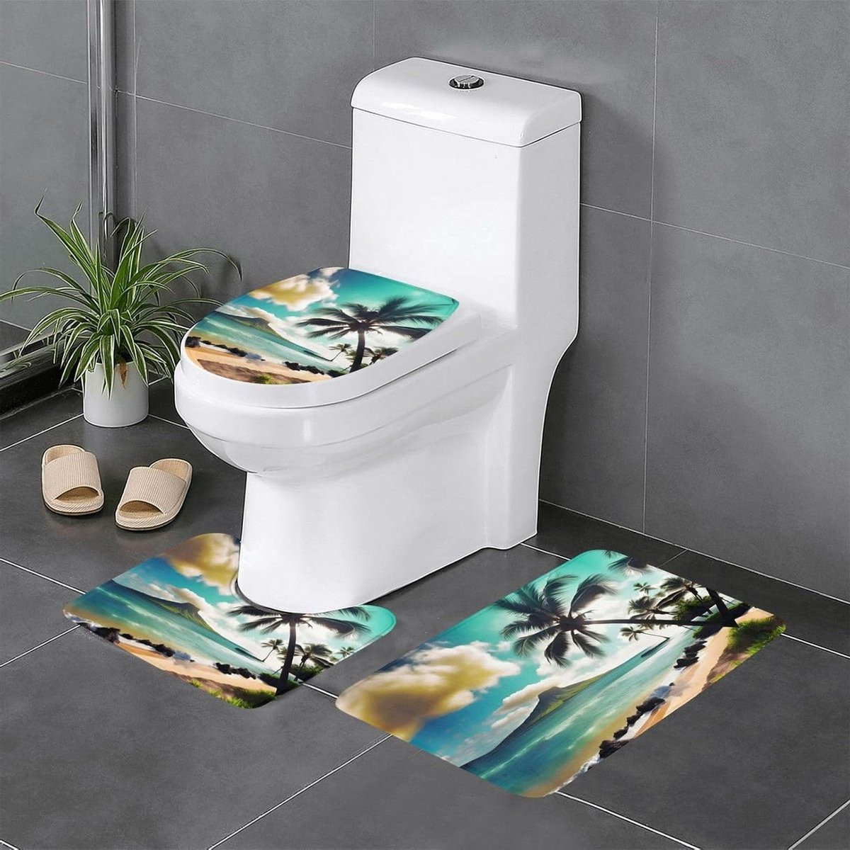 3-delige badkamer tapijten set met tropische print en antislip onderkant