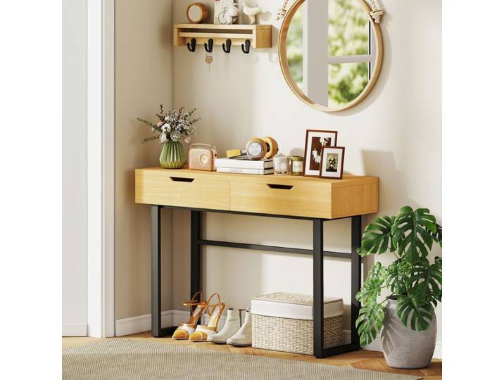 Console meuble 110 cm table console étroite avec 2 tiroirs cadre en métal et design sans poignées bois naturel