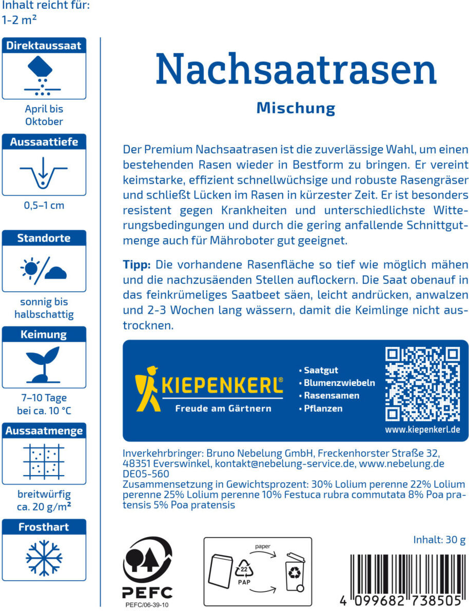 Kiepenkerl Profi-Line Rasensamen Nachsaat-Rasen Complete für ca. 1 - 2 m²