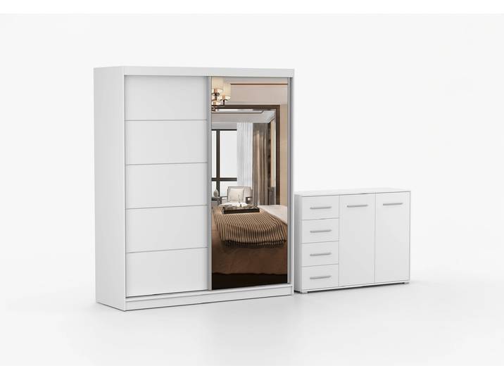 Schwebetürenschrank und Kommode 2-er Set BELLA 03/FRIDA 01 Weiß Weiß + Spiegel