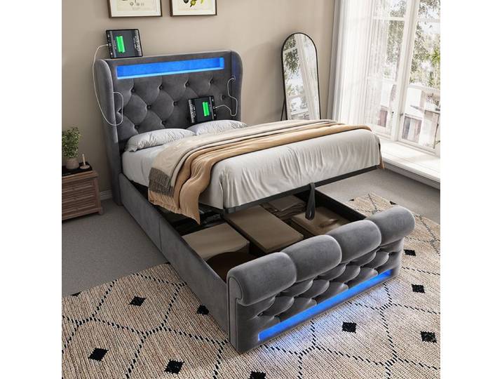 Lit coffre - YEHTOKHOME - 90x200 cm - tête capitonnée velours - coffre hydraulique - LED intégré