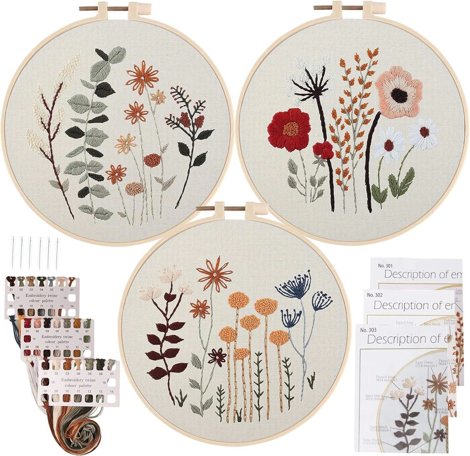 INF Kit de Broderie DIY Fleurs - Ensemble de 3, Idéal pour Débutants