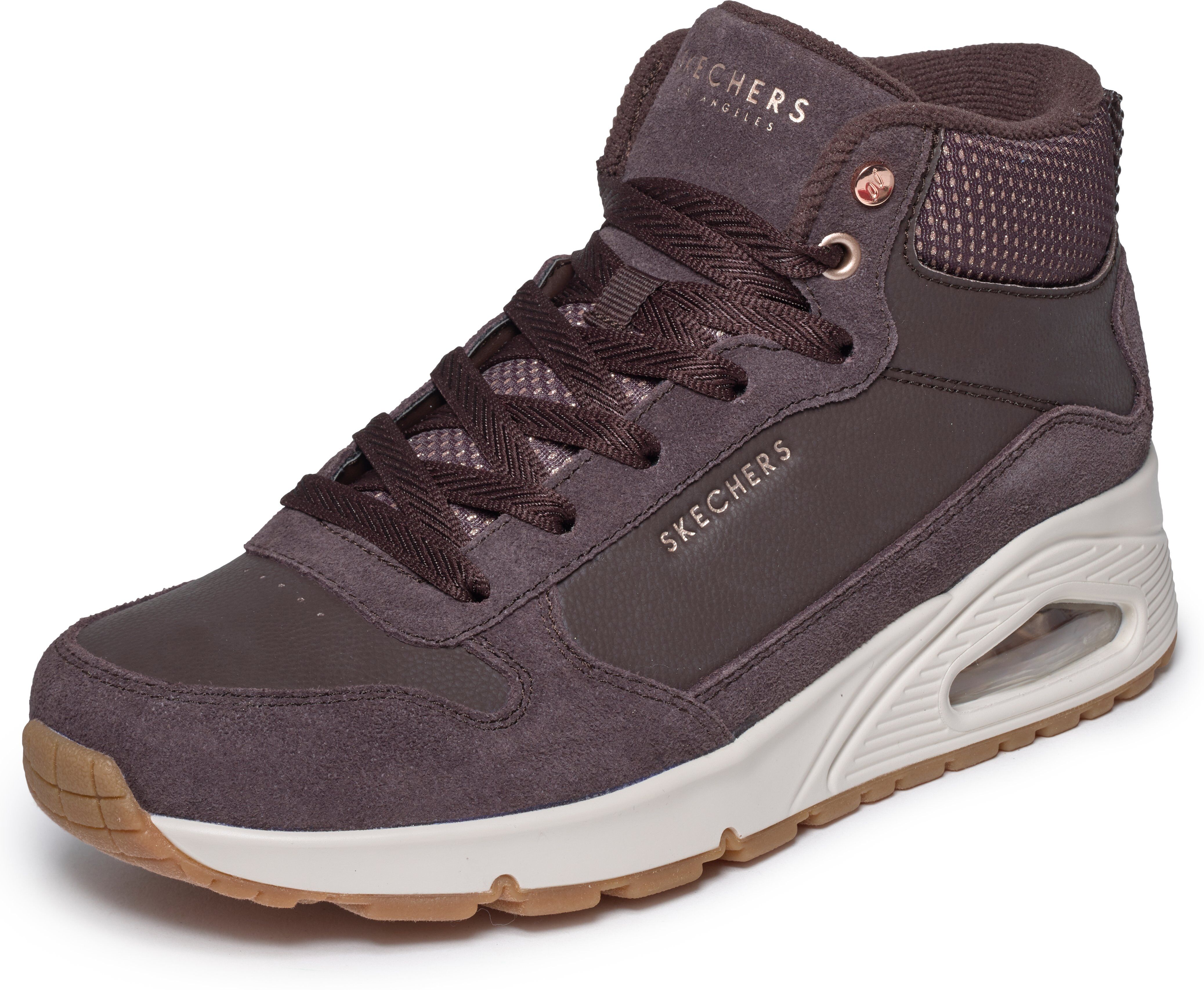 Keilsneaker SKECHERS "UNO-STACRE SHINE", Damen, Gr. 37, Textil, dunkelbraun, Lederimitat, Textil, Veloursleder, Schuhe Keilsneaker, High Top Sneaker, Schnürboots mit Luftkammern Sohle