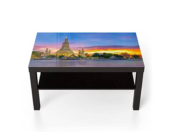DEQORI Glastisch schwarz groß 90x50 cm Motiv Tempel Wat Arun Bangkok ausgefallener Beistelltisch aus Glas Hochglanz Couchtisch fürs Wohnzimmer moderner Couch Tisch mit Design