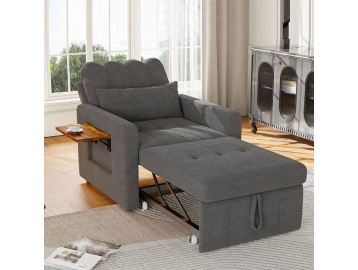 Canapé Lit Convertible Chenille – Dossier 5 Positions Table Pliante Sac Rangement Compact Confortable pour Salon/Studio Gris