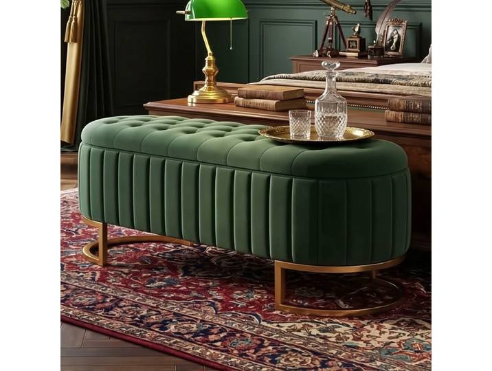 Banc de Rangement 120x40cm - Coffre de Chambre - Bout de Lit Rembourré - Pieds Métal - Velours Vert