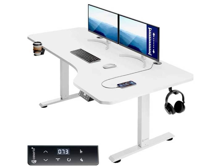 Casaria Bureau réglable en hauteur électrique Blanc 160cm bureau assis debout écran LCD support accessoires télétravail
