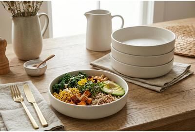 Safdie & Co. S&CO Home Lisbon Dinner Bowls, Set of 4, 8.6-inch Stoneware for Pasta and Salad, Modern Stackable Design, Matte Off White