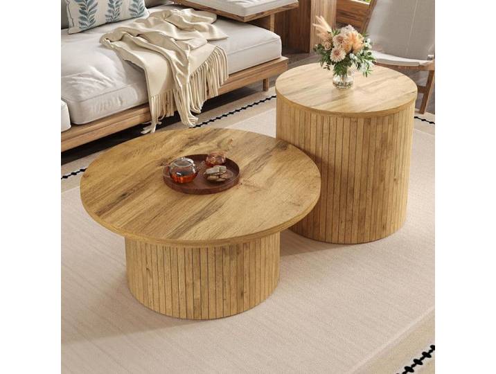 Table basse double table ronde table d'appoint avec lattes en bois naturel. Table de salon multifonctionnelle pour salon