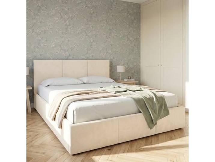 Home Collective Doppelbett Polsterbett 120x200 cm Creme Bettgestell mit Lattenrost & Stauraum Kopfteil mit 3 Paneelen weicher Samt