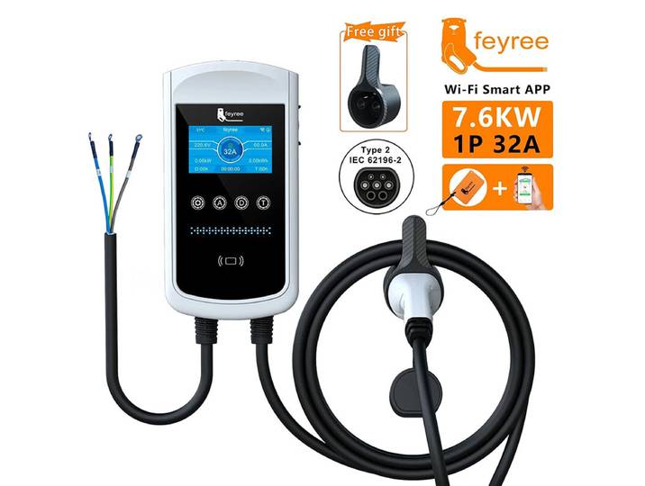 Feyree Chargeur pour véhicule électrique Type 2 32 A 7,6 kW, Station de charge, Chargeur voiture électrique, Équipement d’alimentation pour véhicule électrique, Borne murale, Écran 4,3 po, Contrôle intelligent par application