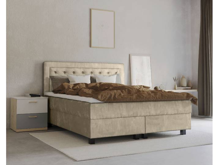 Boxspringbett, 100% Polyester, Beige, 161×208 cm, Mit Topper & Taschen-Federkernmatratze, Modern, Leonique