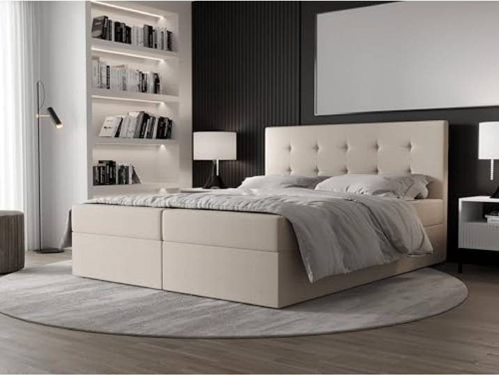 AXLIVING Boxspringbett Dahlina 160x200 cm Creme, Bettkasten Geräumiger Bettkasten – zusätzlicher Stauraum. Velours-Polsterung. Bett mit Kopfteil. Bett mit Matratze 160x200.