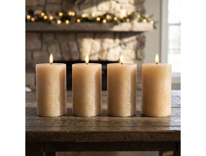 4er-Set LED Echtwachskerze mit Timer, Ø7,5x12,5 cm, creme-beige
