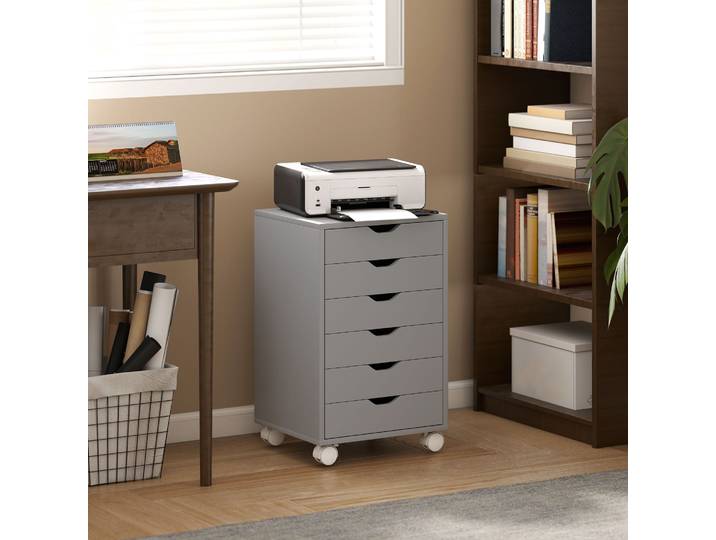 HOMCOM Caisson Mobile 6 Tiroirs Roulettes Bureau Maison Gris
