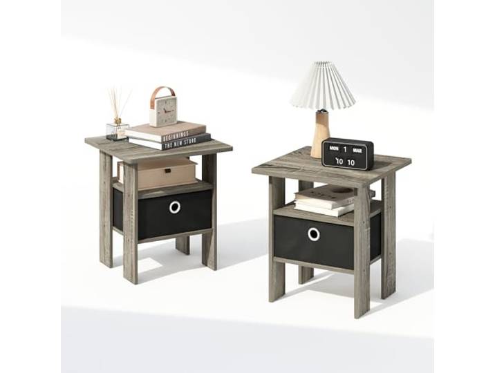 Furinno TIDUR 2er-Set Nachttische mit Aufbewahrungsbox, Französische Eiche Beistelltisch mit offenem Regal, Nachttisch, für Schlafzimmer, Wohnzimmer