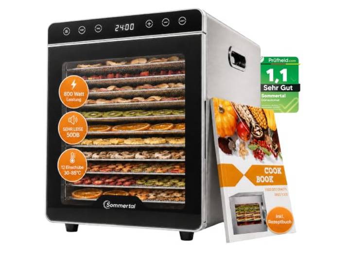 Sommertal Dörrautomat Silence 800 12 Edelstahl-Einschübe 800 Watt leise 24h Timer, 30-85°C, Dehydrator, Kräutertrockner & Dörrgerät für Obst, Fleisch, Gemüse, Nüsse & Pilze