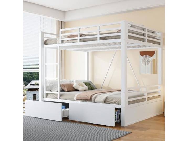 Merax Metall-Etagenbett 140x200 cm mit Schubladen, Sicherheitsgeländer & Leiter – platzsparendes Kinderbett, Weiß (Ohne Matratze)