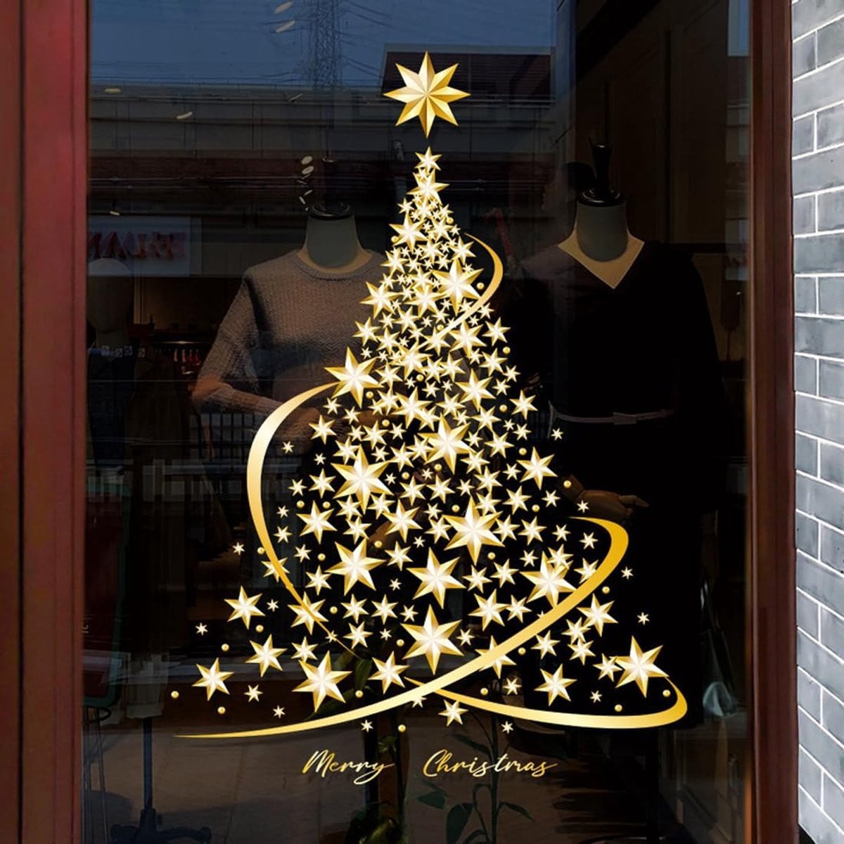 Set van 2 gouden kerstboom raamstickers voor etalages en ramen