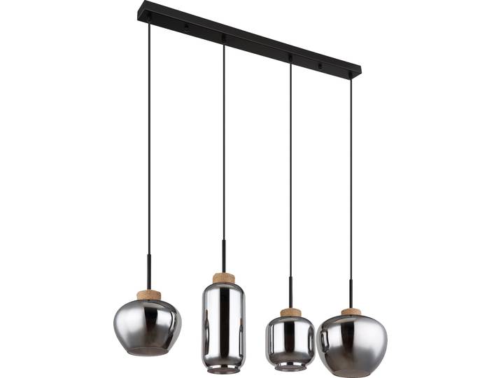 Globo Lighting Hängeleuchte Metall schwarz matt, Glas rauchfarben, Hanf naturfarben, Kabel PVC schwarz, Höhe kürzbar, 4 verschiedene Glasformen, LxBxH: 960x230x1200mm, Glas-DM: je 1x 18,5cm, 12cm, 16cm, 23cm, exkl. 4x E27 40W 230V