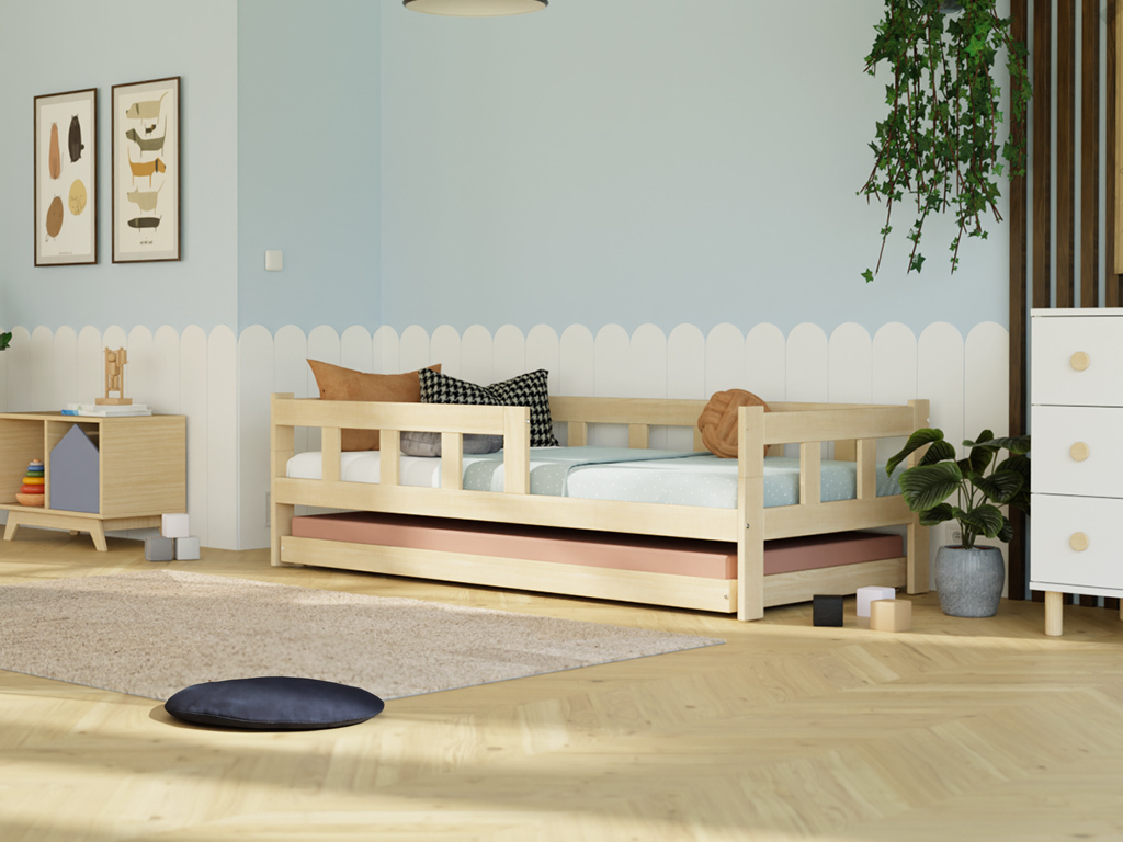 Holzeinzelbett FENCE 4-in-1 mit Barriere und Ausziehbett 90x180 cm Marineblau, Mit einer Barriere