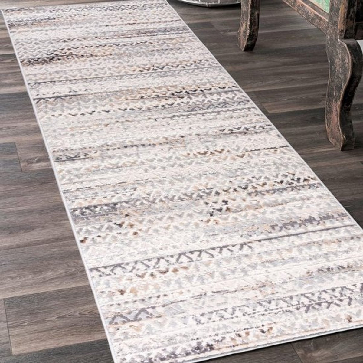 Modern abstract loperkleed voor hal, gang of slaapkamer - Laagpolig - Grijs beige - B/D: 60 x 200 cm