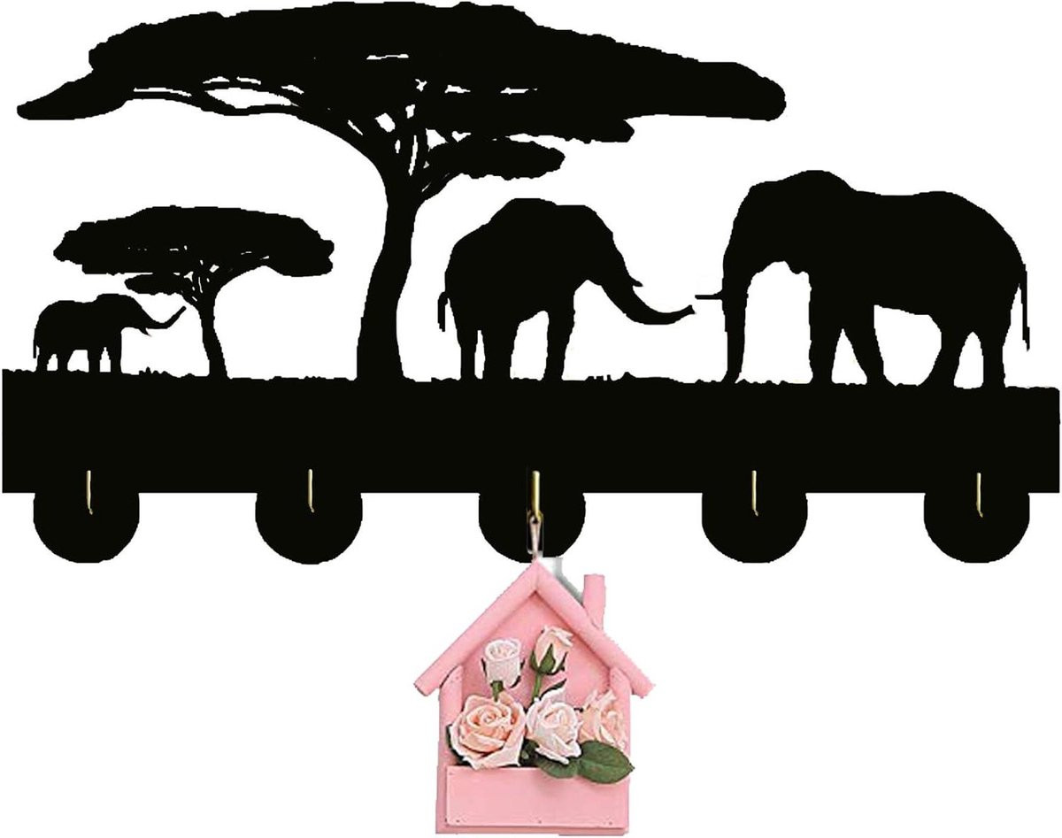 Handgemaakte houten muurhaak Olifant kapstok voor sleutels, Zwart, B: 30 cm, D: 20 cm