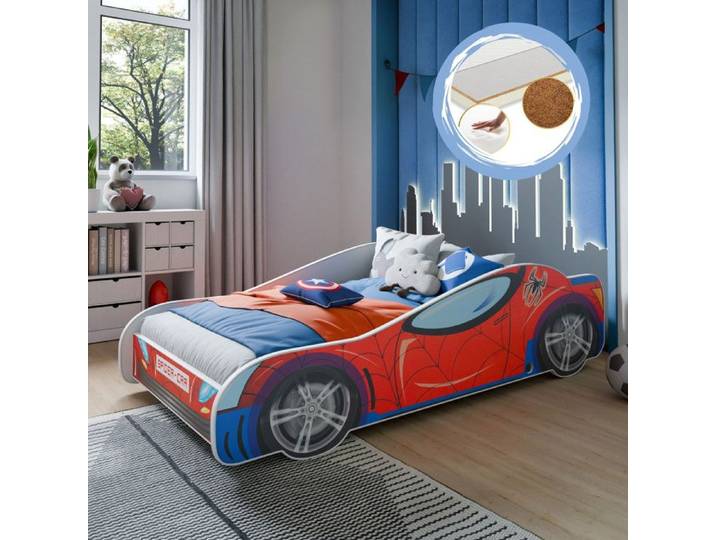 Lit enfant voiture Spider 160x80 cm – lit auto + sommier + matelas en mousse-coco avec housse Aloe Vera