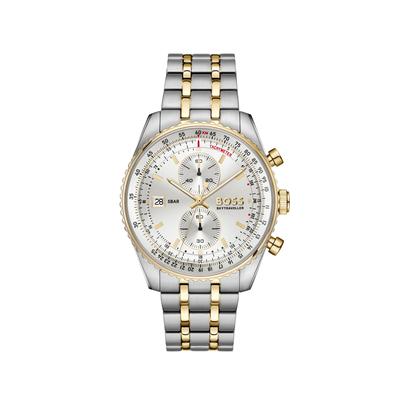 Chronograph BOSS "SKYTRAVELLER", gold (silberfarben, goldfarben, silberfarben, silberfarben), Armbanduhren, Herren, silberfarben-goldfarben, Chronograph, Quarzuhr, Armbanduhr, Herrenuhr, Edelstahlarmband, analog, Tag