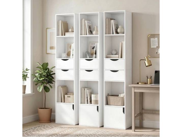ULEVR Bibliothèque étroite blanche 30 x 24 x 158 cm avec 2 tiroirs et 3 étagères ouvertes