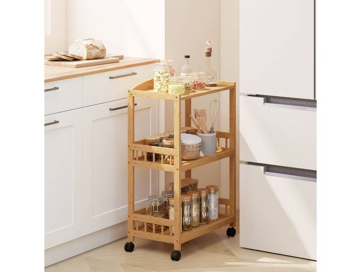 HOMCOM Chariot Cuisine 3 Niveaux Bois Naturel avec Rangement