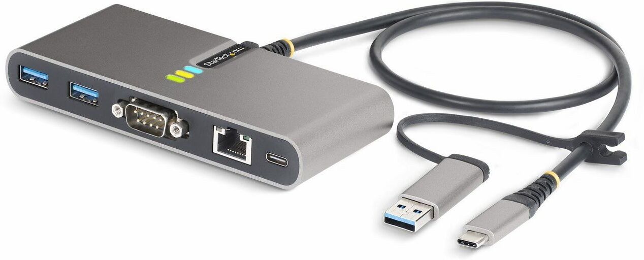 StarTech.com 5G2A1SGBB 2-Port USB-C Hub with Gigabit Ethernet, RS232 Serial & 100W PD Pass-Through