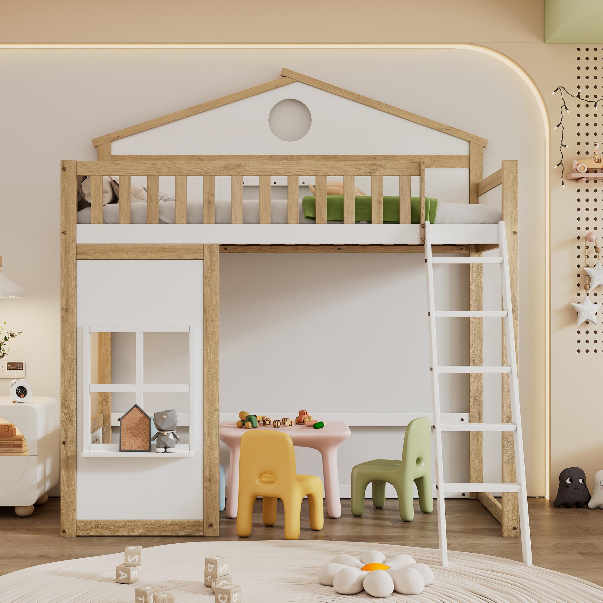 Merax Etagenbett 90x200 cm mit Treppe, Hochbett mit Dach und Fenster, Hausbett für Kinder in Weiß & Natur, mit Fallschutz,