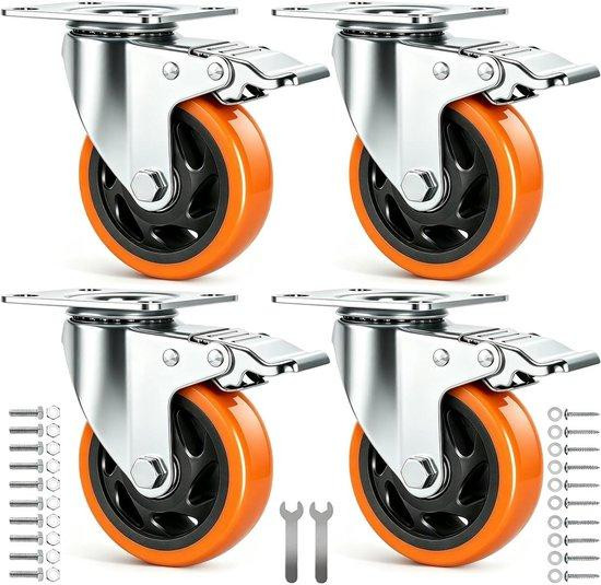 WAN Set van 4 grijze meubelwielen met rem, 360 graden draaibare zwenkwielen van 100 mm