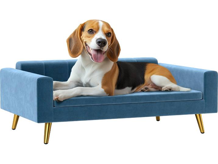 PawHut Canapé chien\, lit pour chien\, revêtement en velours soyeux\, 94 x 59\,5 x 31\,5 cm\, design scandinave\, canapé pour chien sur pied\, avec coussin moelleux\, pieds en acier inoxydable\, bleu