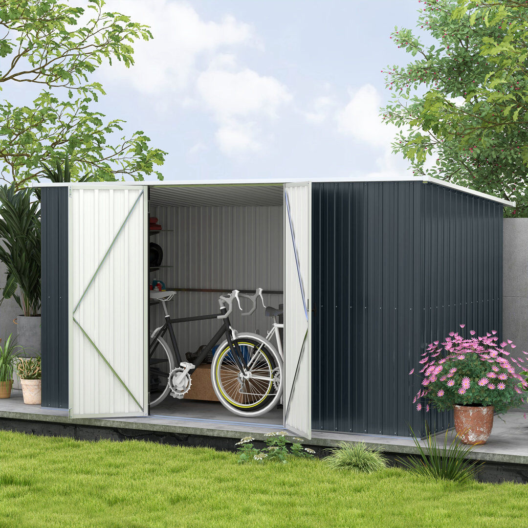 Outsunny 11 x 5.6ft Galvanised Steel Garden Shed with Lockable Doors Grey Gray 340cm W X 171cm D X 180cm H