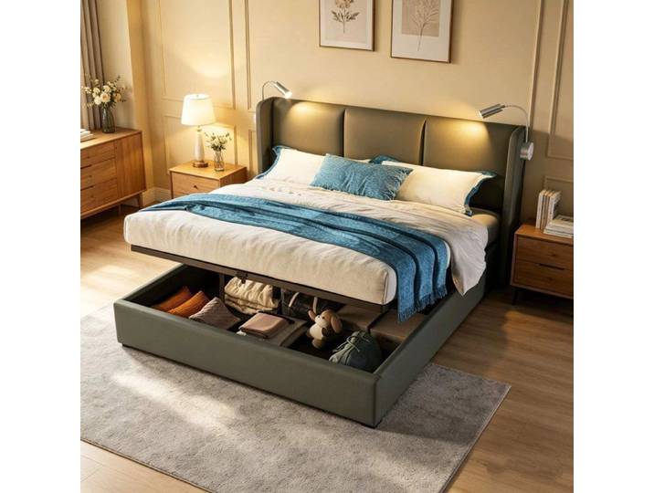 Lit coffre capitonné - LEMONBEST - 160x200 - Tissu PU gris - Sommier à lattes - Liseuse avec port USB