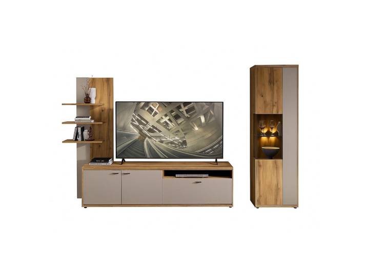Livetastic Wohnwand, Eichefarben, Kaschmir, Glas, 2-teilig, 7 Fächer, 310x205x49 cm, Wohnzimmer, Wohnwände, Komplette Wohnwände