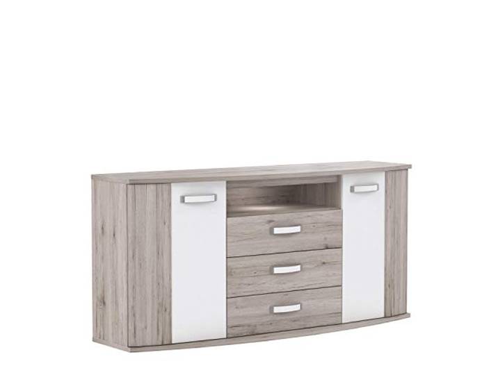 FORTE Rondino Sideboard mit 2 Türen und 3 Schubladen, Holzwerkstoff, Sandeiche / Weiß Hochglanz, 61,3 x 81,5 x 169,6 cm